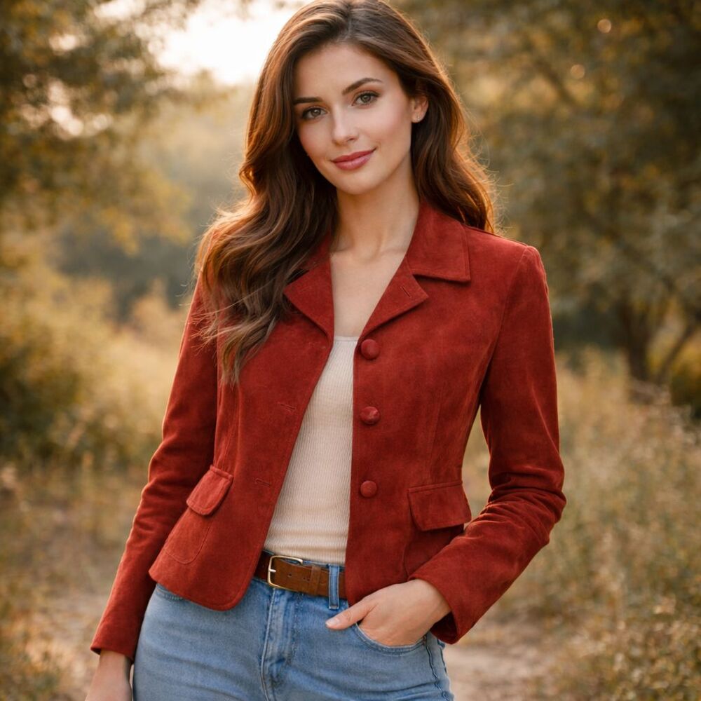 Ann Taylor Suede Jacket Womens Sz M Petite Rust Earthy Button Front Lined Blazer